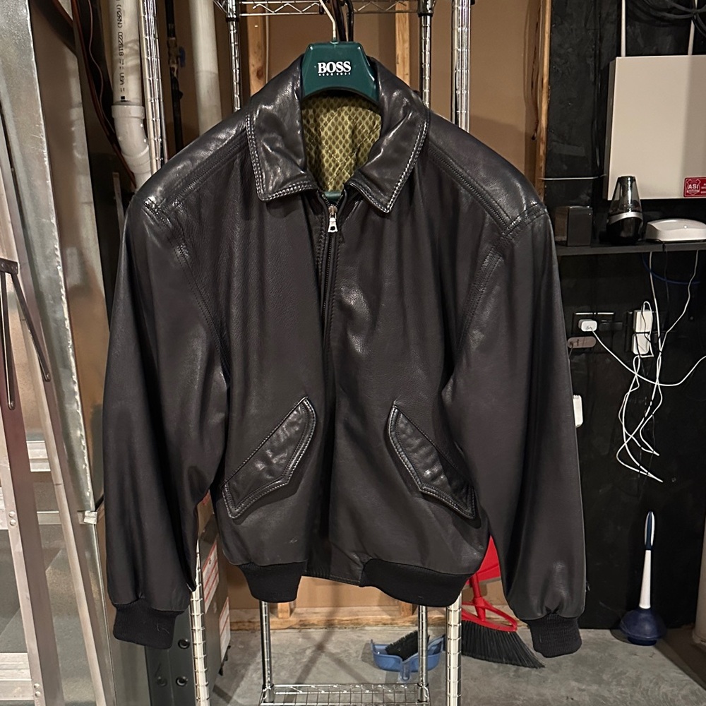 BOSS Men's Dark Leather Bomber Jacket Size small